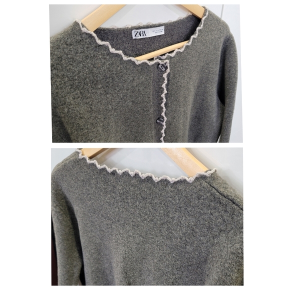 Zara Scalloped Trim Knit Cropped Cardigan Preppy Cozy Neutral Ballet-core Large - Picture 13 of 17